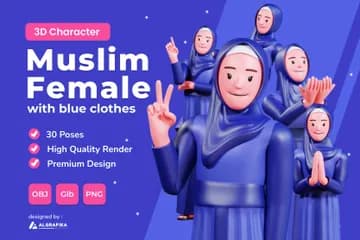 3D立体免扣素材宗教穿着蓝色衣服的穆斯林女性模型