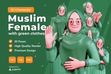 3D立体插画素材宗教穿着绿色衣服的穆斯林女性模型