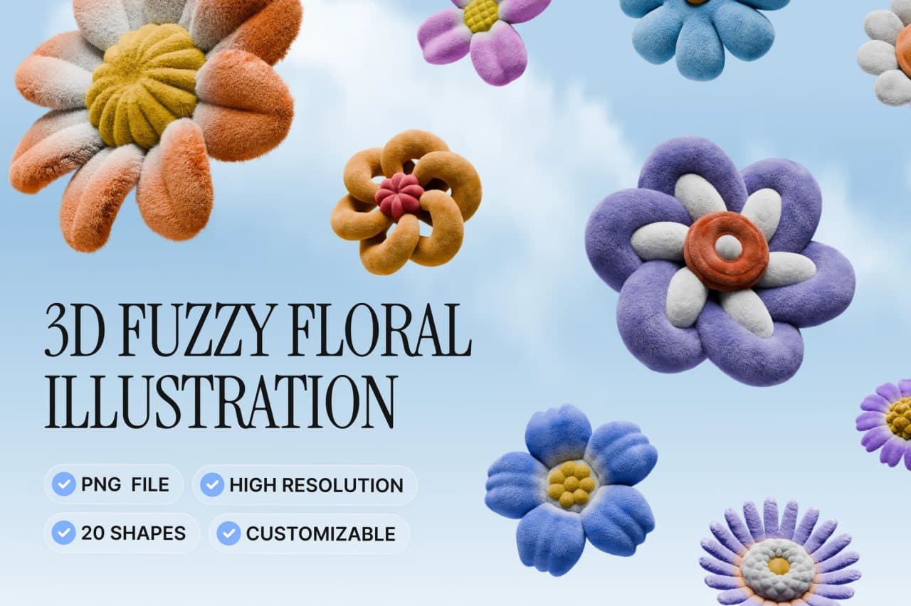 20个3D毛绒花卉插画免扣PNG 3D Fuzzy Floral Illustration Set